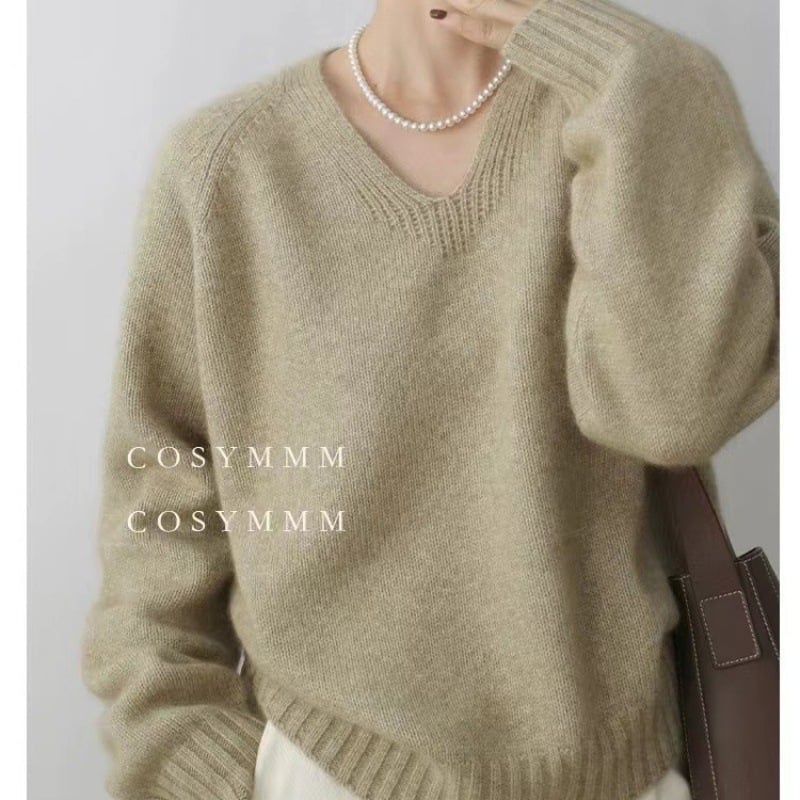 Женски вълнен пуловер с V-образно деколте, свободен силует, дълги ръкави, ежедневен градски стил, съдържа над 95% вълна