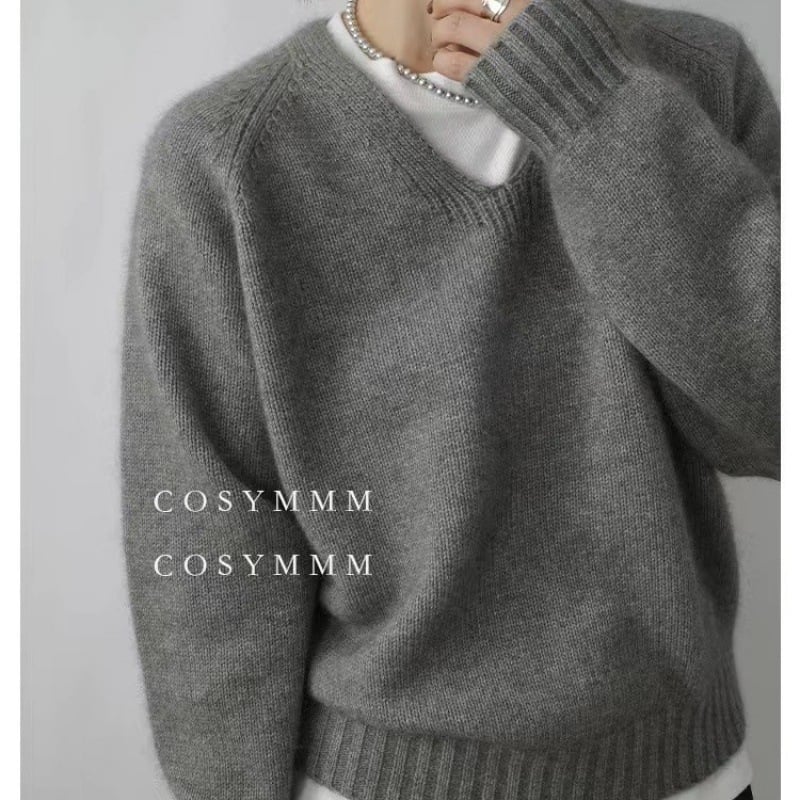 Женски вълнен пуловер с V-образно деколте, свободен силует, дълги ръкави, ежедневен градски стил, съдържа над 95% вълна