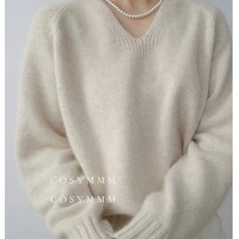 Женски вълнен пуловер с V-образно деколте, свободен силует, дълги ръкави, ежедневен градски стил, съдържа над 95% вълна