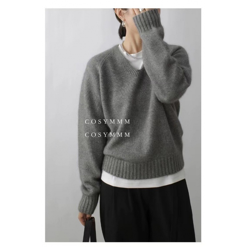 Женски вълнен пуловер с V-образно деколте, свободен силует, дълги ръкави, ежедневен градски стил, съдържа над 95% вълна