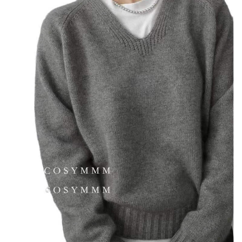 Женски вълнен пуловер с V-образно деколте, свободен силует, дълги ръкави, ежедневен градски стил, съдържа над 95% вълна