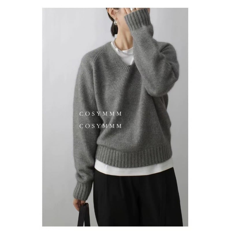 Женски вълнен пуловер с V-образно деколте, свободен силует, дълги ръкави, ежедневен градски стил, съдържа над 95% вълна