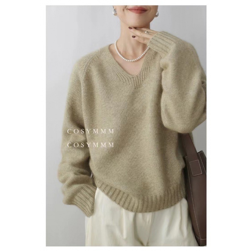 Женски вълнен пуловер с V-образно деколте, свободен силует, дълги ръкави, ежедневен градски стил, съдържа над 95% вълна