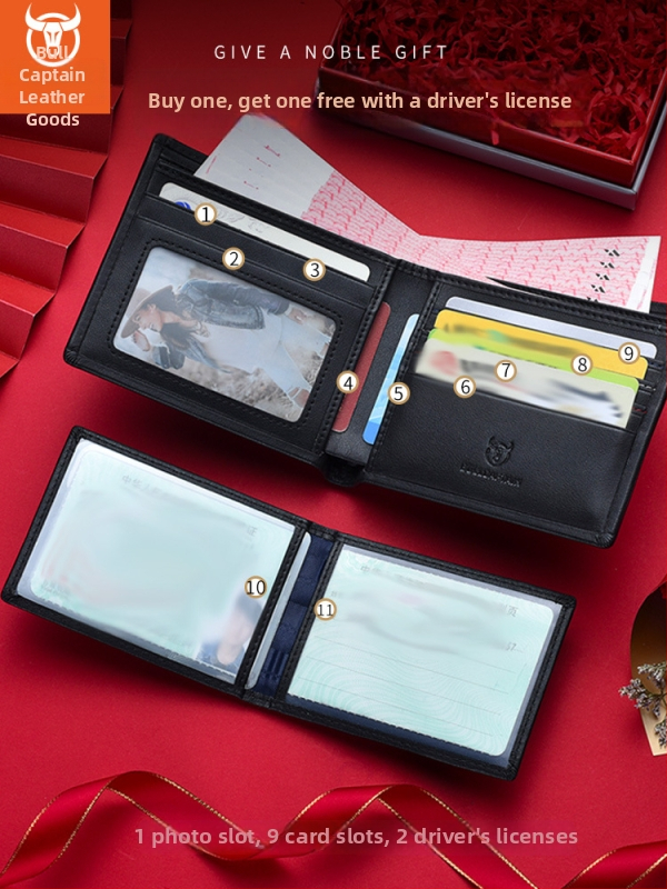 Portofel din piele naturală – bi-fold, unisex, piele de vițel prim-strat, antibacterian