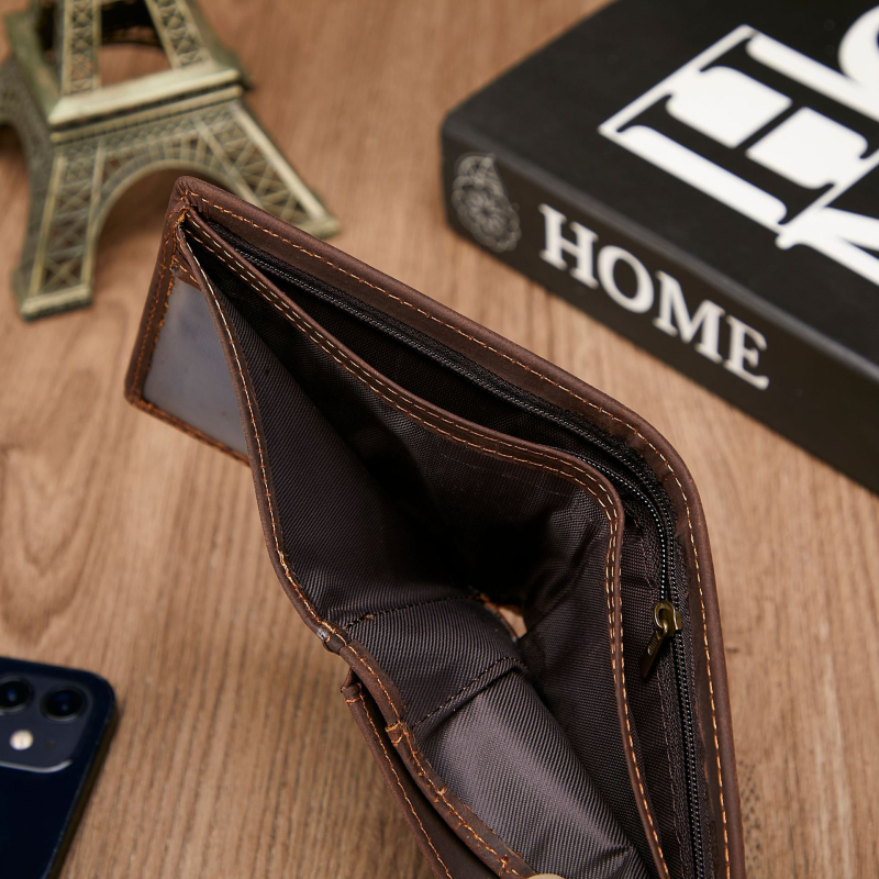 Muški novčanik od prave kože - prvi sloj teleće kože, 2 kopče za novac, gradski minimalistički stil, podstava od poliestera-pamuka