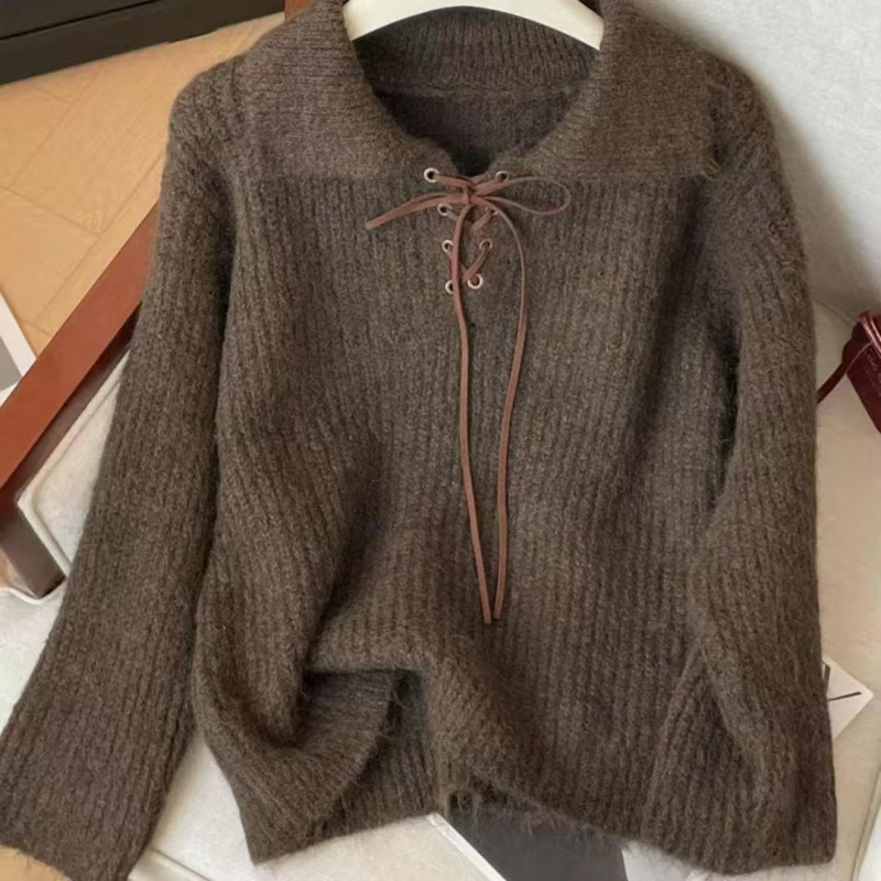 Džemper s reverom i kapuljom, ovčja vuna, dugi rukav, retro-literarni stil