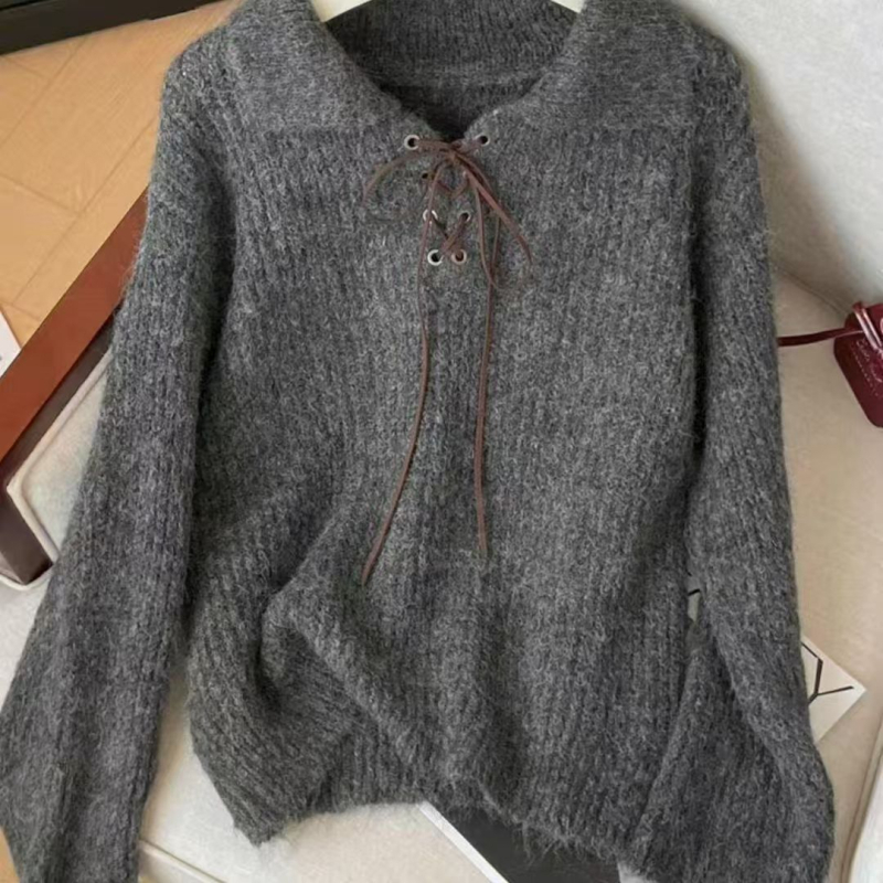 Džemper s reverom i kapuljom, ovčja vuna, dugi rukav, retro-literarni stil