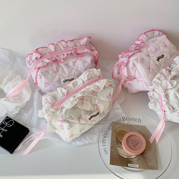 Geantă cosmetică cu fundață dantelată, în stil coreean, pentru depozitarea produselor de îngrijire a pielii (bumbac, căptușeală poliester, model funda, fermoar)