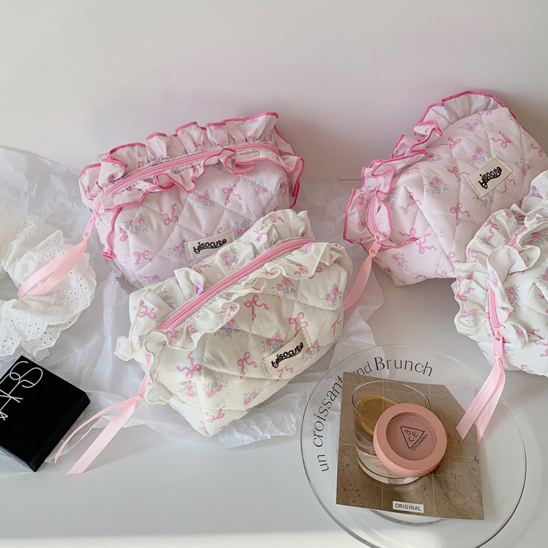 Geantă cosmetică cu fundață dantelată, în stil coreean, pentru depozitarea produselor de îngrijire a pielii (bumbac, căptușeală poliester, model funda, fermoar)