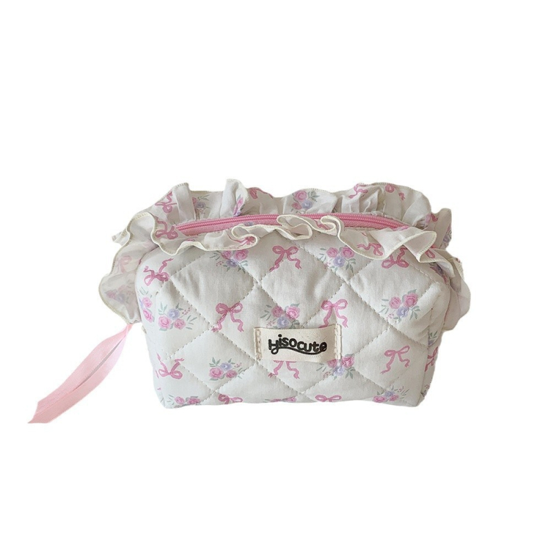 Geantă cosmetică cu fundață dantelată, în stil coreean, pentru depozitarea produselor de îngrijire a pielii (bumbac, căptușeală poliester, model funda, fermoar)