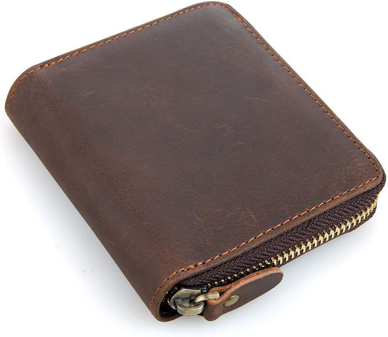 Ανδρικό πορτοφόλι με φερμουάρ, ιαπωνικού στυλ, γνήσιο δέρμα Crazy Horse, με θήκη για νομίσματα και πολλαπλές θήκες καρτών