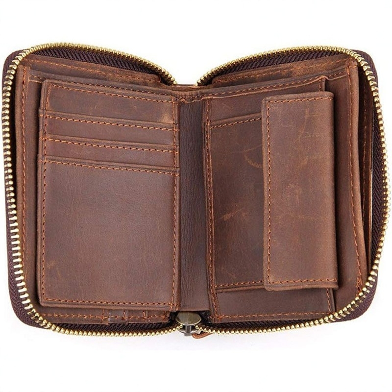 Ανδρικό πορτοφόλι με φερμουάρ, ιαπωνικού στυλ, γνήσιο δέρμα Crazy Horse, με θήκη για νομίσματα και πολλαπλές θήκες καρτών