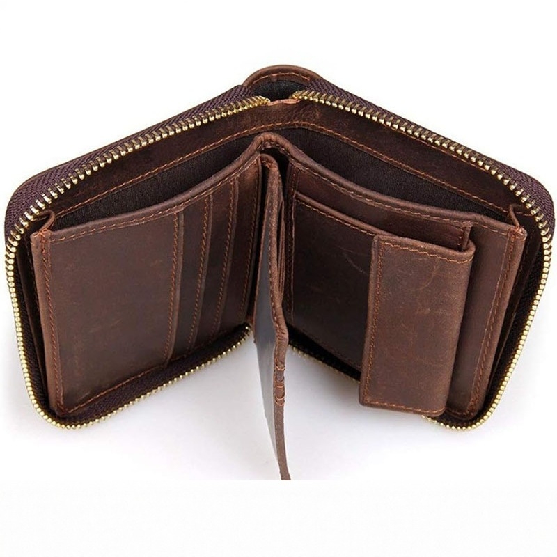 Ανδρικό πορτοφόλι με φερμουάρ, ιαπωνικού στυλ, γνήσιο δέρμα Crazy Horse, με θήκη για νομίσματα και πολλαπλές θήκες καρτών