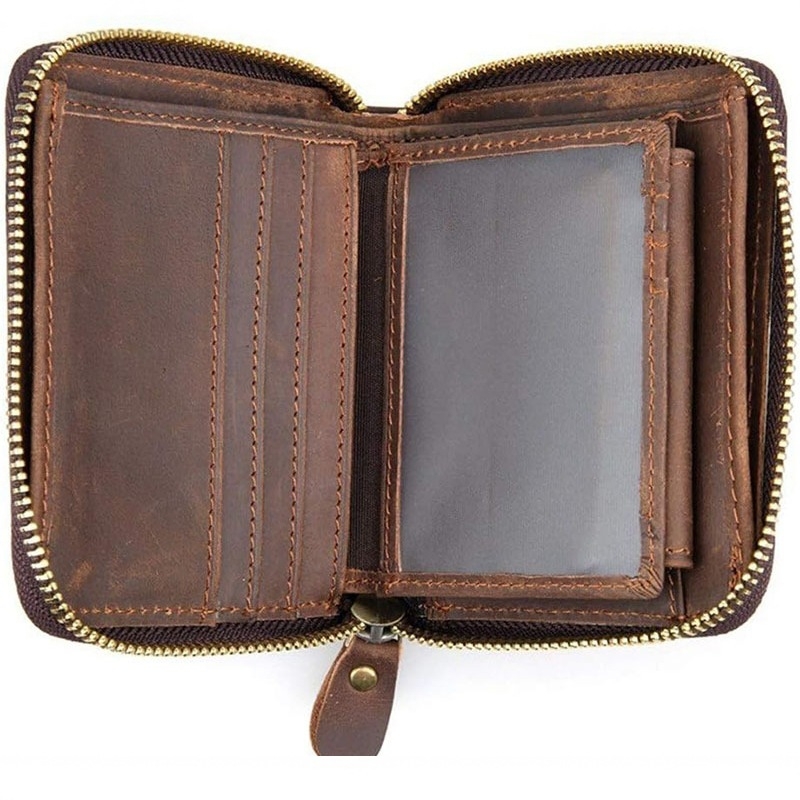 Ανδρικό πορτοφόλι με φερμουάρ, ιαπωνικού στυλ, γνήσιο δέρμα Crazy Horse, με θήκη για νομίσματα και πολλαπλές θήκες καρτών