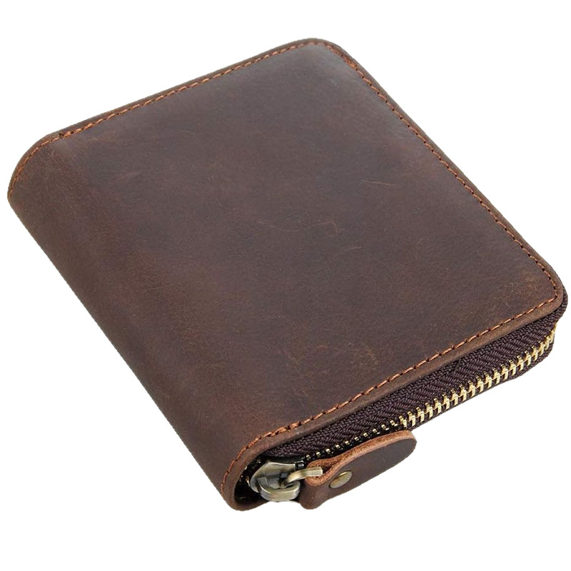 Ανδρικό πορτοφόλι με φερμουάρ, ιαπωνικού στυλ, γνήσιο δέρμα Crazy Horse, με θήκη για νομίσματα και πολλαπλές θήκες καρτών