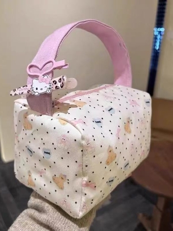 Geantă de voiaj pentru toaletă și machiaj, capacitate mare, design drăguț cu ursuleț în buline, PU material, unisex