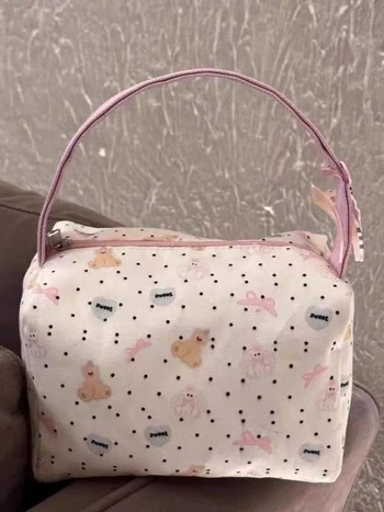 Geantă de voiaj pentru toaletă și machiaj, capacitate mare, design drăguț cu ursuleț în buline, PU material, unisex