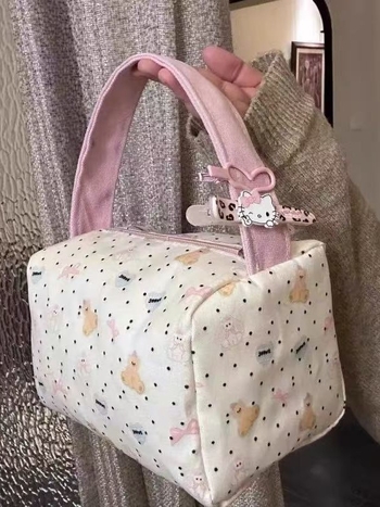 Geantă de voiaj pentru toaletă și machiaj, capacitate mare, design drăguț cu ursuleț în buline, PU material, unisex