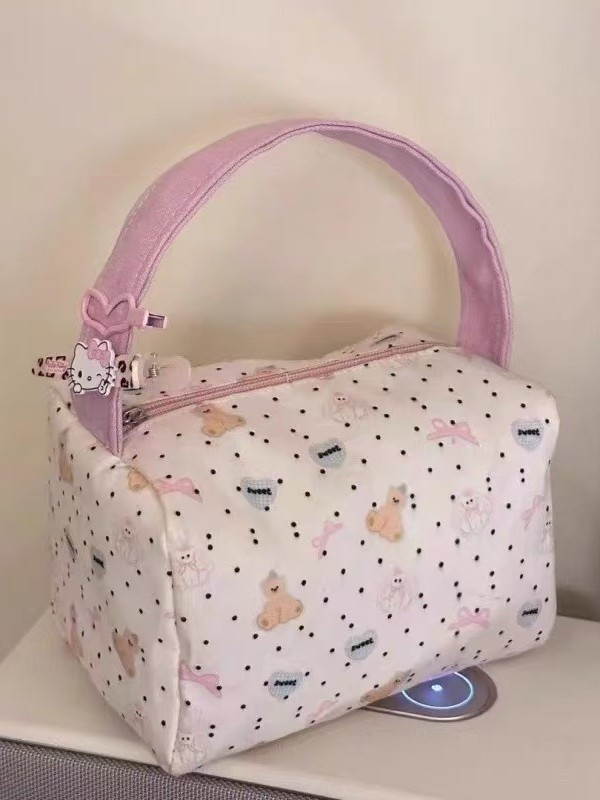 Geantă de voiaj pentru toaletă și machiaj, capacitate mare, design drăguț cu ursuleț în buline, PU material, unisex