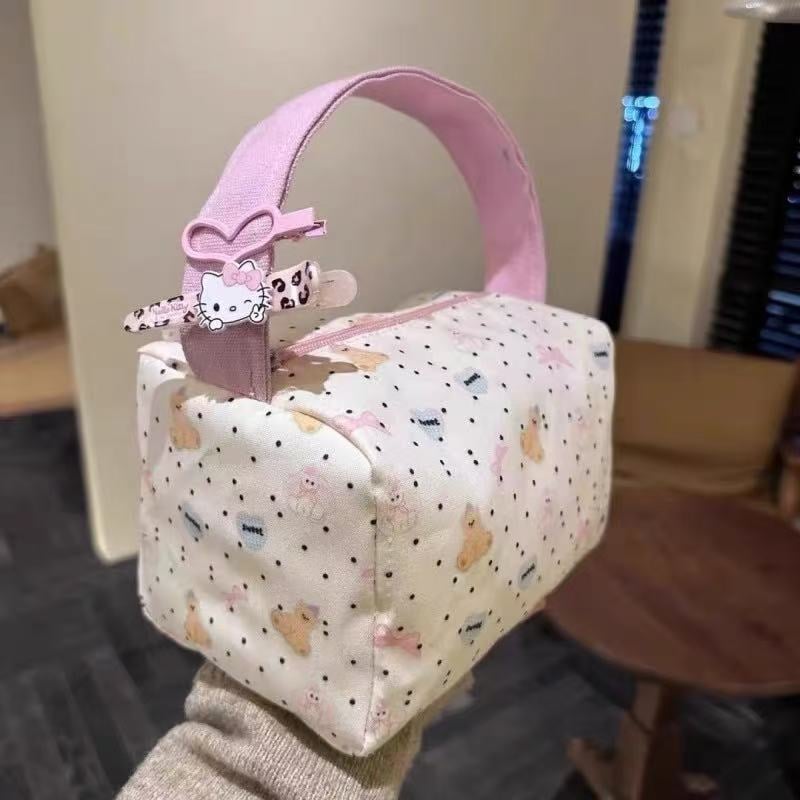 Geantă de voiaj pentru toaletă și machiaj, capacitate mare, design drăguț cu ursuleț în buline, PU material, unisex