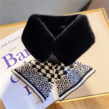 Fular tricotat din lână cu guler din blană artificială de iepure – accesoriu cald de iarnă