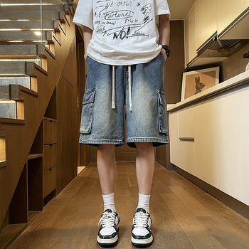 Ανδρικά τζιν σορτς, μεσαία μέση, φερμουάρ, ίσιο πόδι, βαμβακετό τζιν