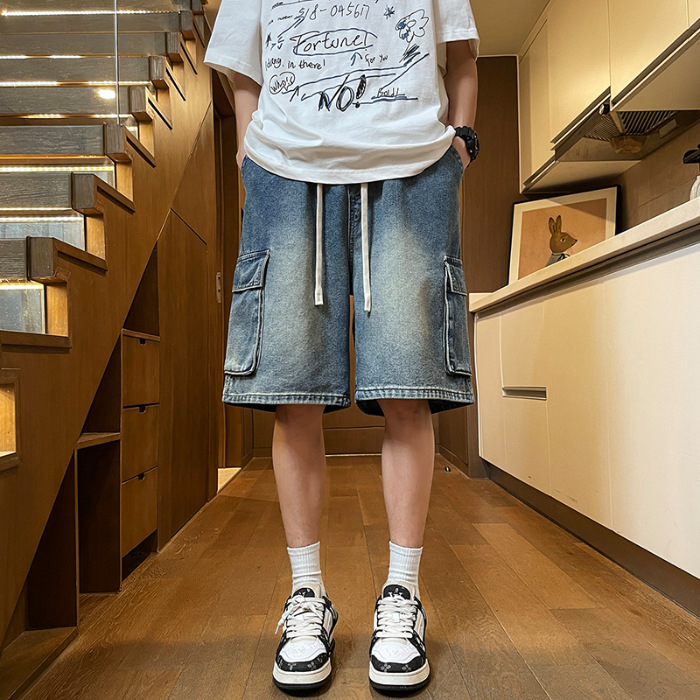 Ανδρικά τζιν σορτς, μεσαία μέση, φερμουάρ, ίσιο πόδι, βαμβακετό τζιν