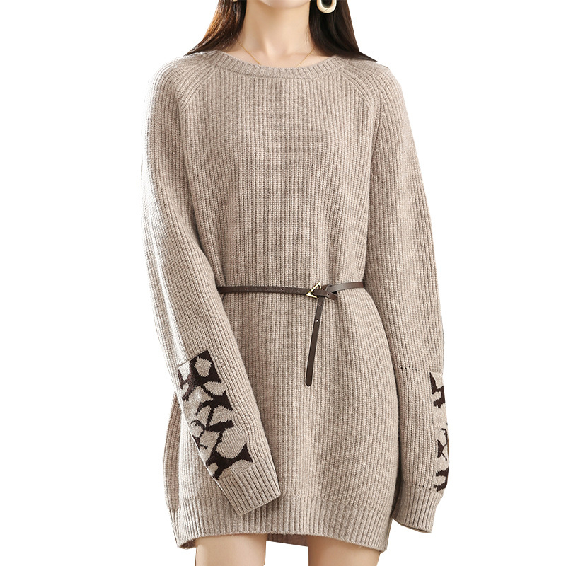 Дамски кашмирен пуловер с вътрешен флийсов слой, кръгло деколте, свободен силует, средна дължина, дълги ръкави