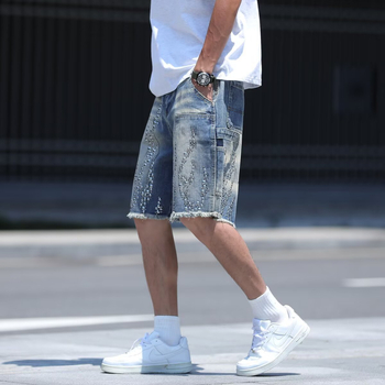 Șorturi denim pentru bărbați – croială lejeră, stil High Street, lungime capri, bumbac (vară)