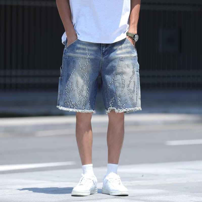 Șorturi denim pentru bărbați – croială lejeră, stil High Street, lungime capri, bumbac (vară)