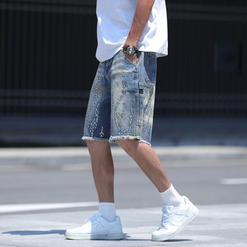 Șorturi denim pentru bărbați – croială lejeră, stil High Street, lungime capri, bumbac (vară)