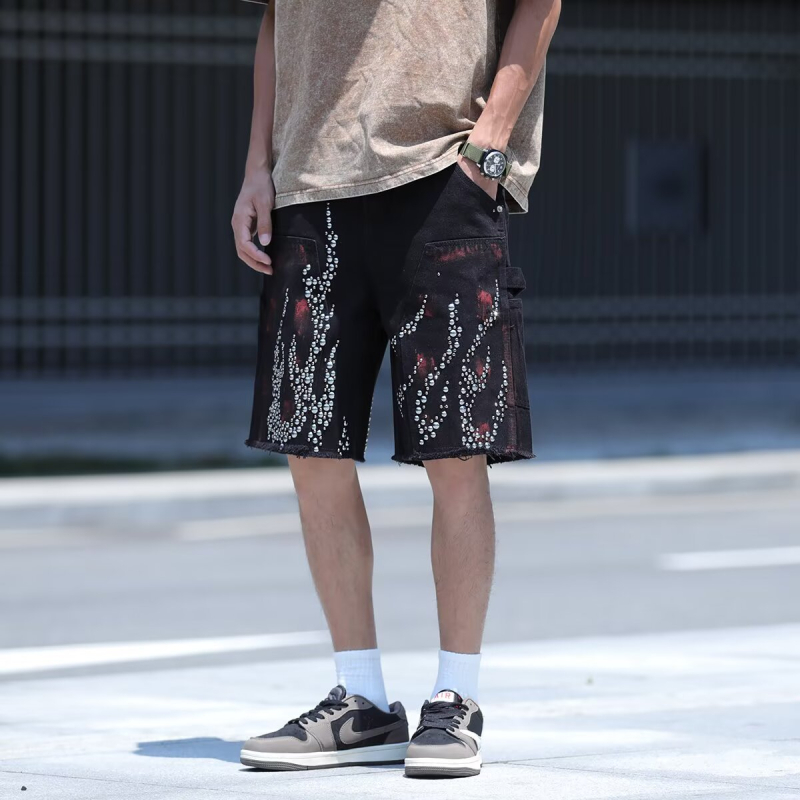 Șorturi denim pentru bărbați – croială lejeră, stil High Street, lungime capri, bumbac (vară)