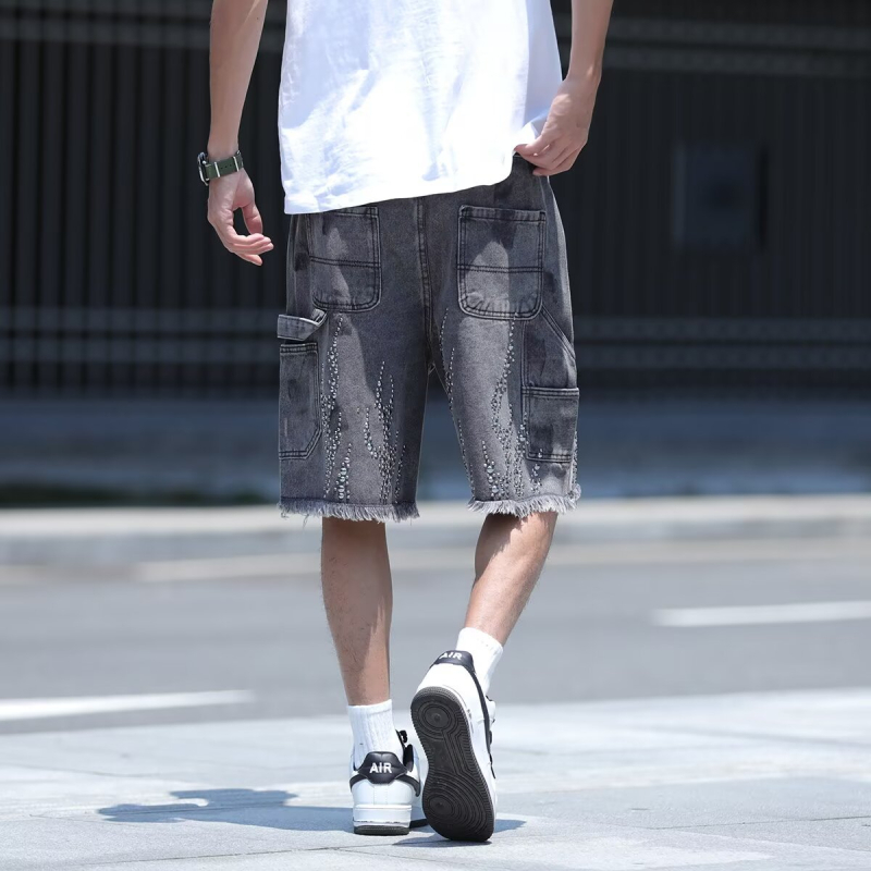 Șorturi denim pentru bărbați – croială lejeră, stil High Street, lungime capri, bumbac (vară)