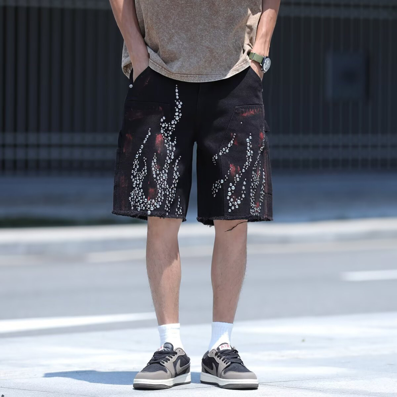 Șorturi denim pentru bărbați – croială lejeră, stil High Street, lungime capri, bumbac (vară)