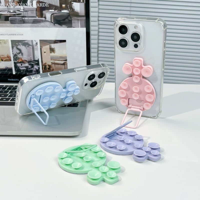 Десктоп стойка за телефон с лепяща задна база, метална халка за държане, силиконова прибираща се вакуумна чашка, магнитна настолна стойка