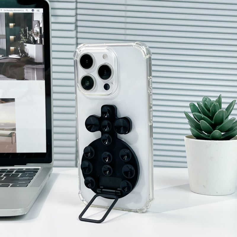 Десктоп стойка за телефон с лепяща задна база, метална халка за държане, силиконова прибираща се вакуумна чашка, магнитна настолна стойка