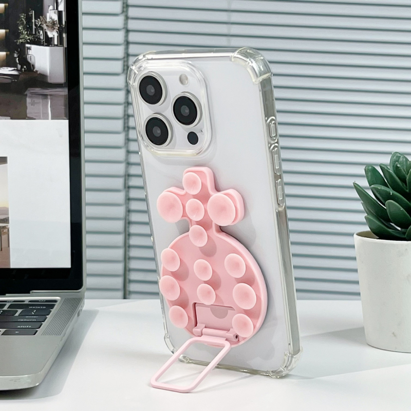 Десктоп стойка за телефон с лепяща задна база, метална халка за държане, силиконова прибираща се вакуумна чашка, магнитна настолна стойка