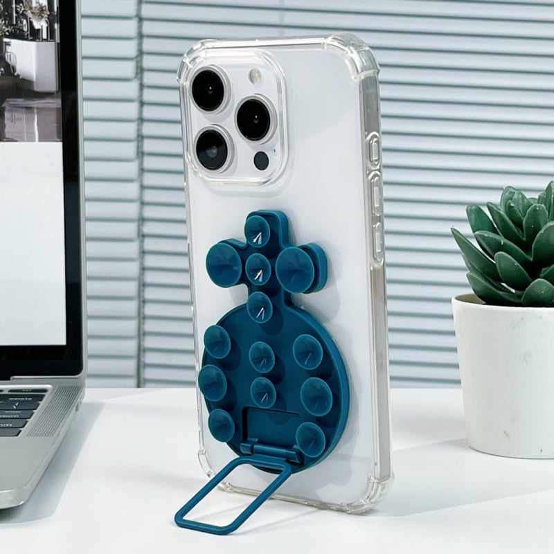 Десктоп стойка за телефон с лепяща задна база, метална халка за държане, силиконова прибираща се вакуумна чашка, магнитна настолна стойка