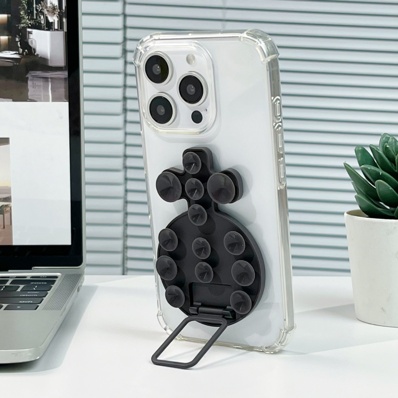 Десктоп стойка за телефон с лепяща задна база, метална халка за държане, силиконова прибираща се вакуумна чашка, магнитна настолна стойка