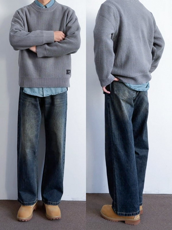 Blugi bărbați, croială dreaptă, denim, talie înaltă, închidere cu fermoar