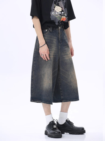 Πλυμένα vintage denim σορτς για άνδρες — χαλαρή ίσια γραμμή, μήκος capri, μεσαία μέση, καλοκαίρι από βαμβάκι