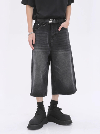 Πλυμένα vintage denim σορτς για άνδρες — χαλαρή ίσια γραμμή, μήκος capri, μεσαία μέση, καλοκαίρι από βαμβάκι