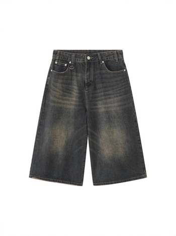 Πλυμένα vintage denim σορτς για άνδρες — χαλαρή ίσια γραμμή, μήκος capri, μεσαία μέση, καλοκαίρι από βαμβάκι