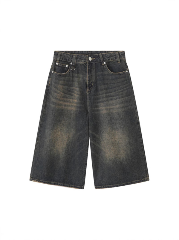 Πλυμένα vintage denim σορτς για άνδρες — χαλαρή ίσια γραμμή, μήκος capri, μεσαία μέση, καλοκαίρι από βαμβάκι