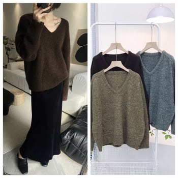 Pulover din Alpaca Spray Yarn, decolteu în V, mâneci lungi, lungime standard, tricot gros — stil casual japonez-coreean