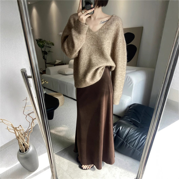 Pulover din Alpaca Spray Yarn, decolteu în V, mâneci lungi, lungime standard, tricot gros — stil casual japonez-coreean