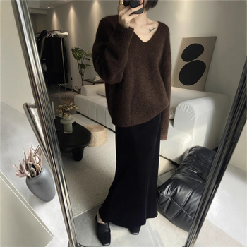 Pulover din Alpaca Spray Yarn, decolteu în V, mâneci lungi, lungime standard, tricot gros — stil casual japonez-coreean