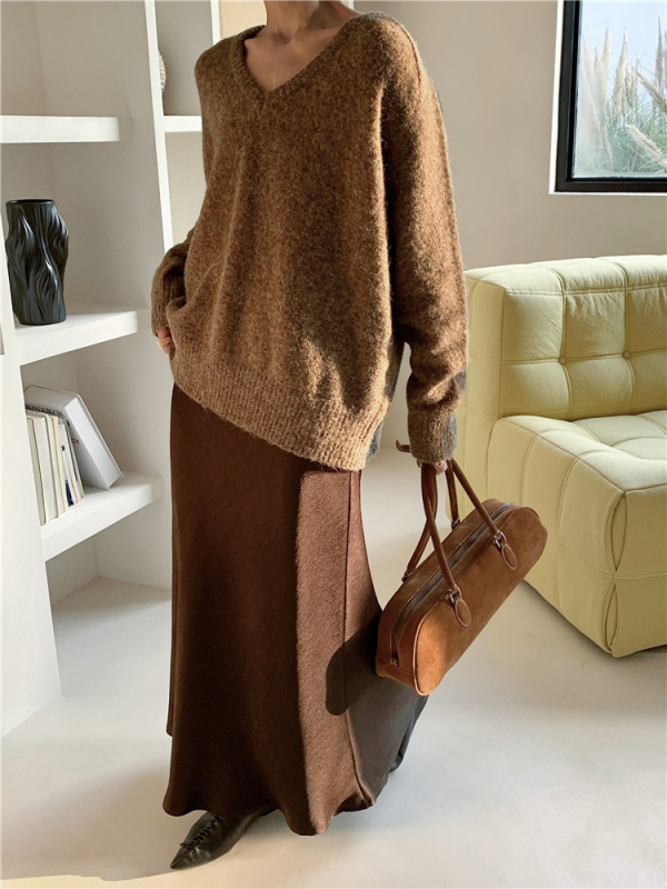 Pulover din Alpaca Spray Yarn, decolteu în V, mâneci lungi, lungime standard, tricot gros — stil casual japonez-coreean