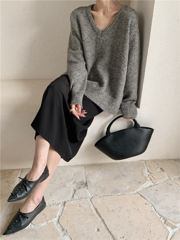 Pulover din Alpaca Spray Yarn, decolteu în V, mâneci lungi, lungime standard, tricot gros — stil casual japonez-coreean