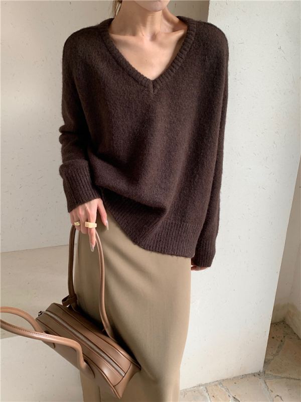 Pulover din Alpaca Spray Yarn, decolteu în V, mâneci lungi, lungime standard, tricot gros — stil casual japonez-coreean